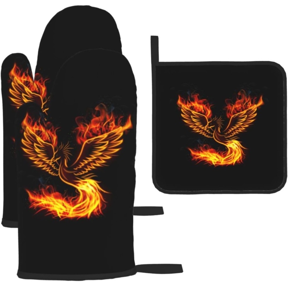 NWT No Label Fire Phoenix Heat Resistant Oven Mitts and Pot Holder Set